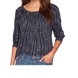 Lucky Brand Print Elbow Length Sleeves Blue Blouse Wonan's M